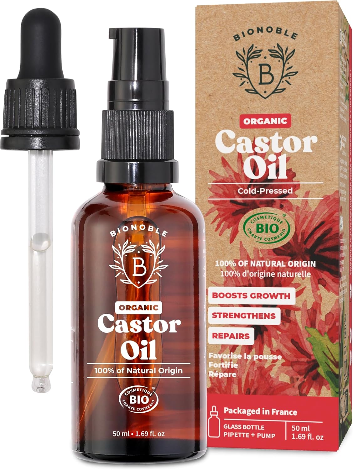 Bionoble Pure Organic Black Seed Oil, Cold Pressed - Glass Bottle + Pipette + Pump - Black Cumin Seed Oil For Hair Growth - Anti-Acne, Purifying Skin Care - Nigella Sativa - 50Ml
