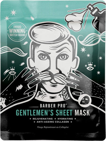Barber Pro Gentlemens Sheet Mask Mens Face Mask Anti-Ageing Collagen Hydrating Rejuvenating Natural Sheet Cleansing Green Tea & Seaweed Extract Witch Hazel Skincare Multi Award Winning Brand