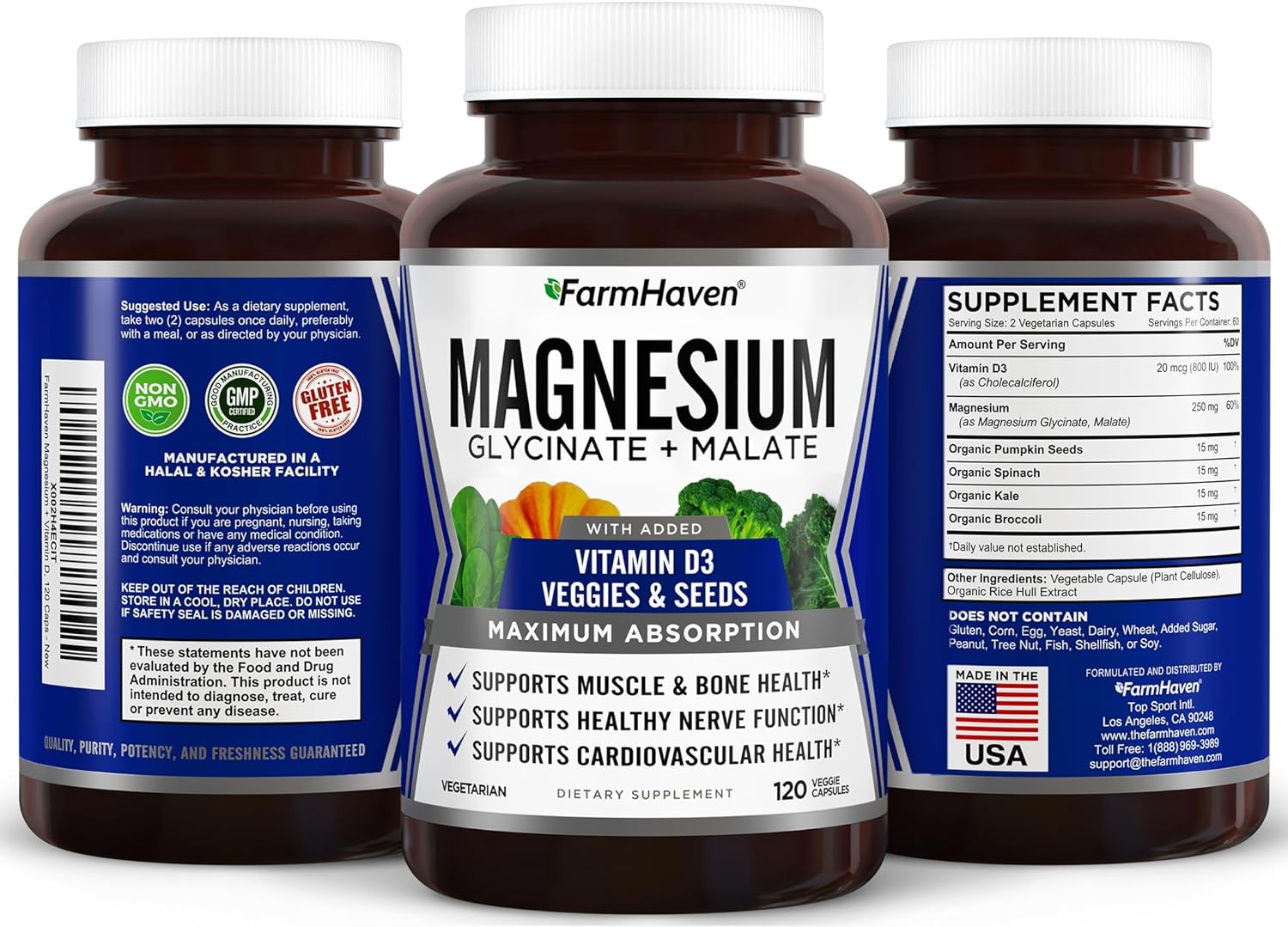 FarmHaven Magnesium Glycinate & Malate Complex w/ Vitamin D3, 100% Chelated for Max Absorption, Vegan – Bone Health, Nerves, Muscles, 360 Capsules, 180 Days : Health & Household