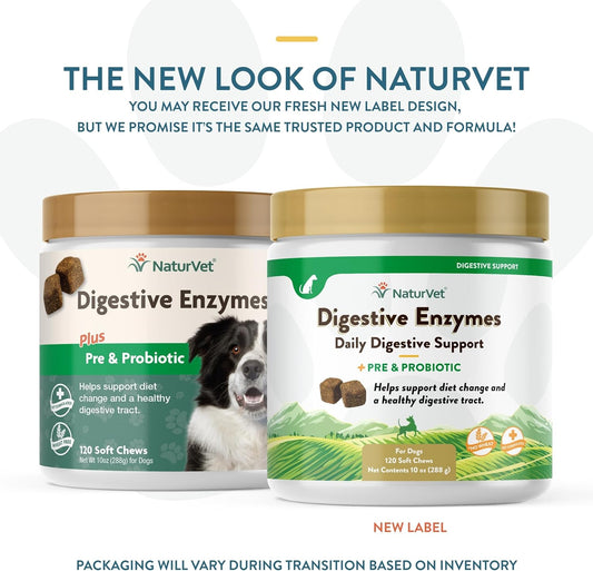 NaturVet – Digestive Enzymes - Plus Probiotics & Prebiotics – Helps Support Diet Change & A Healthy Digestive Tract – for Dogs & Cats (Soft Chews, 120 Count)