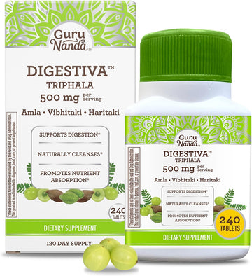 Gurunanda Digestiva Triphala (240 Tablets), Supports Digestion, Helps With Bloating & Constipation, Dietary Supplement With Amla, Haritaki & Bibhitaki