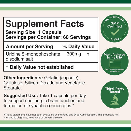 Uridine Monophosphate - Third Party Tested (Choline Enhancer, Beginner Nootropic) (300Mg, 60 Capsules) Synergy With Alpha Gpc Choline For Brain Health And Memory By Double Wood