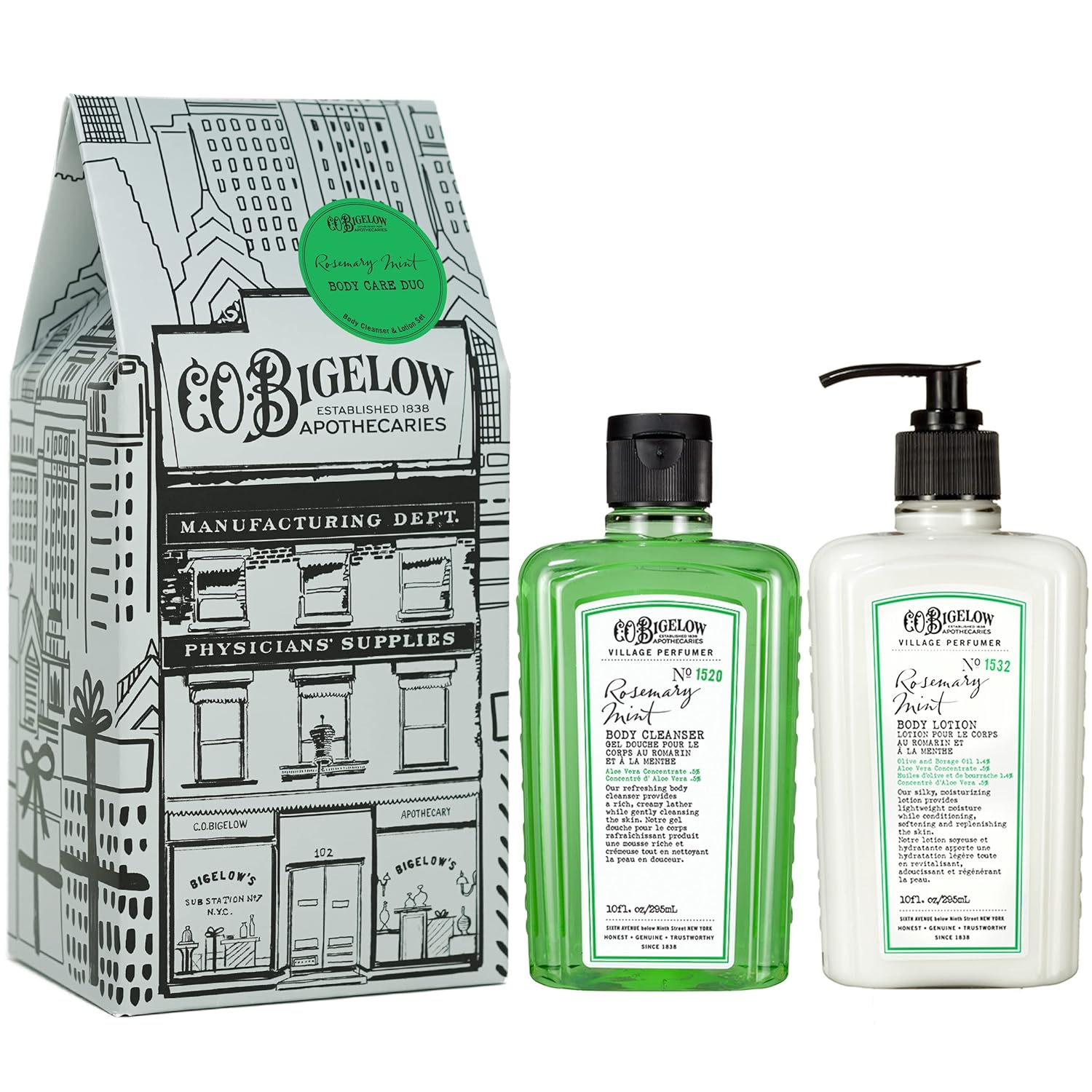C.O. Bigelow Apothecary Duo, Coconut Body Care Gift Box With Body Soap & Lotion, Gift Set Of Two - Moisturizing Lotion & Liquid Body Wash For Dry Skin - 10Fl Oz Each