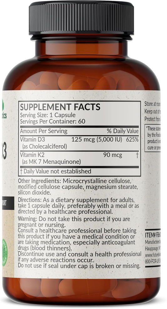 Futurebiotics Vitamin K2 (Mk7) With D3 Supplement - Non-Gmo Formula - 5000 Iu Vitamin D3 & 90 Mcg Vitamin K2 Mk-7, 60 Vegetarian Capsules