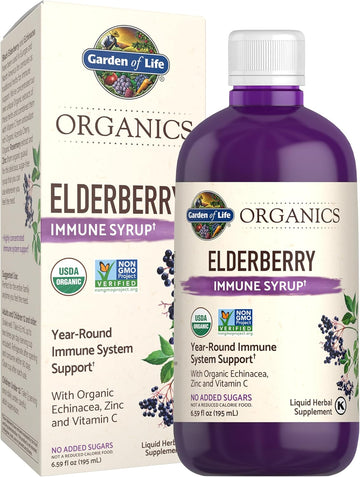 Garden Of Life Organics Plant-Based Elderberry Immune Syrup 6.59 Fl Oz (195 Ml) For Kids & Adults: Sambucus, Echinacea, Zinc & Vitamin C, 0G Sugar, Organic Vegan Gluten Free Herbal Supplement