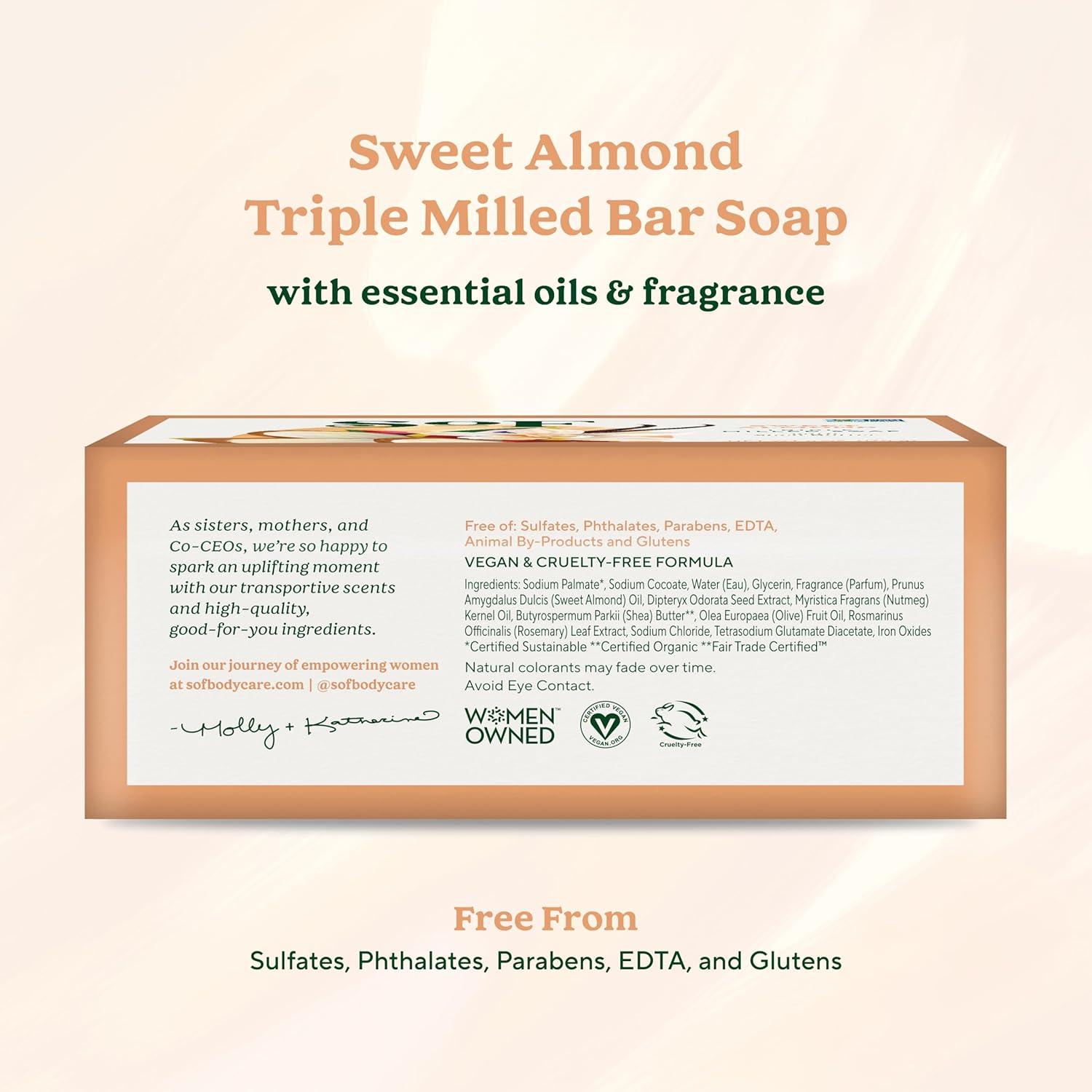 Sof Triple Milled Bar Soap - With Coconut Oil & Organic Shea Butter- Vegan & Non Gmo- Free From Phthalates, Sulfates & Parabens- Sweet Almond - 6 Oz Bar 6 Bars