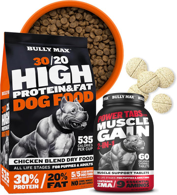 Bully Max High Protein Dry Dog Food & Chewable Tablets Bundle For Muscle Building - Ultimate Canine Muscle Gain Supplement For Puppy, Adult Dogs, Small & Large Breeds - 5 Lbs Dog Food & 60 Tabs