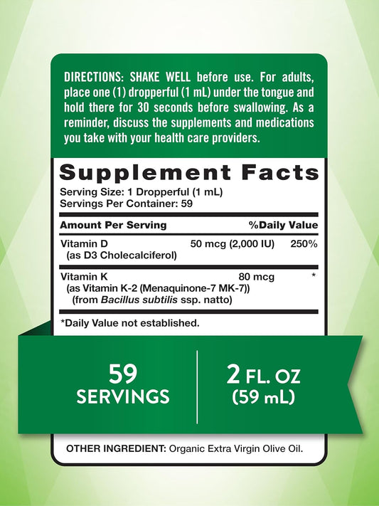 Nature'S Truth Vitamin D3 K2 Liquid Drops | With Mk-7 | 2 Fl Oz | Vegetarian, Non-Gmo & Gluten Free Supplement | Essential Vitamin Support