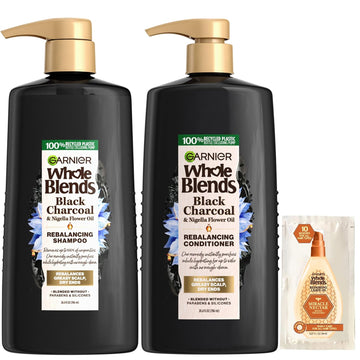 Garnier Whole Blends Black Charcoal & Nigella Flower Oil Rebalancing Shampoo and Conditioner Set for Greasy Scalp & Dry Ends with Sample, 26.6 Fl Oz, 1 Kit (Packaging May Vary)