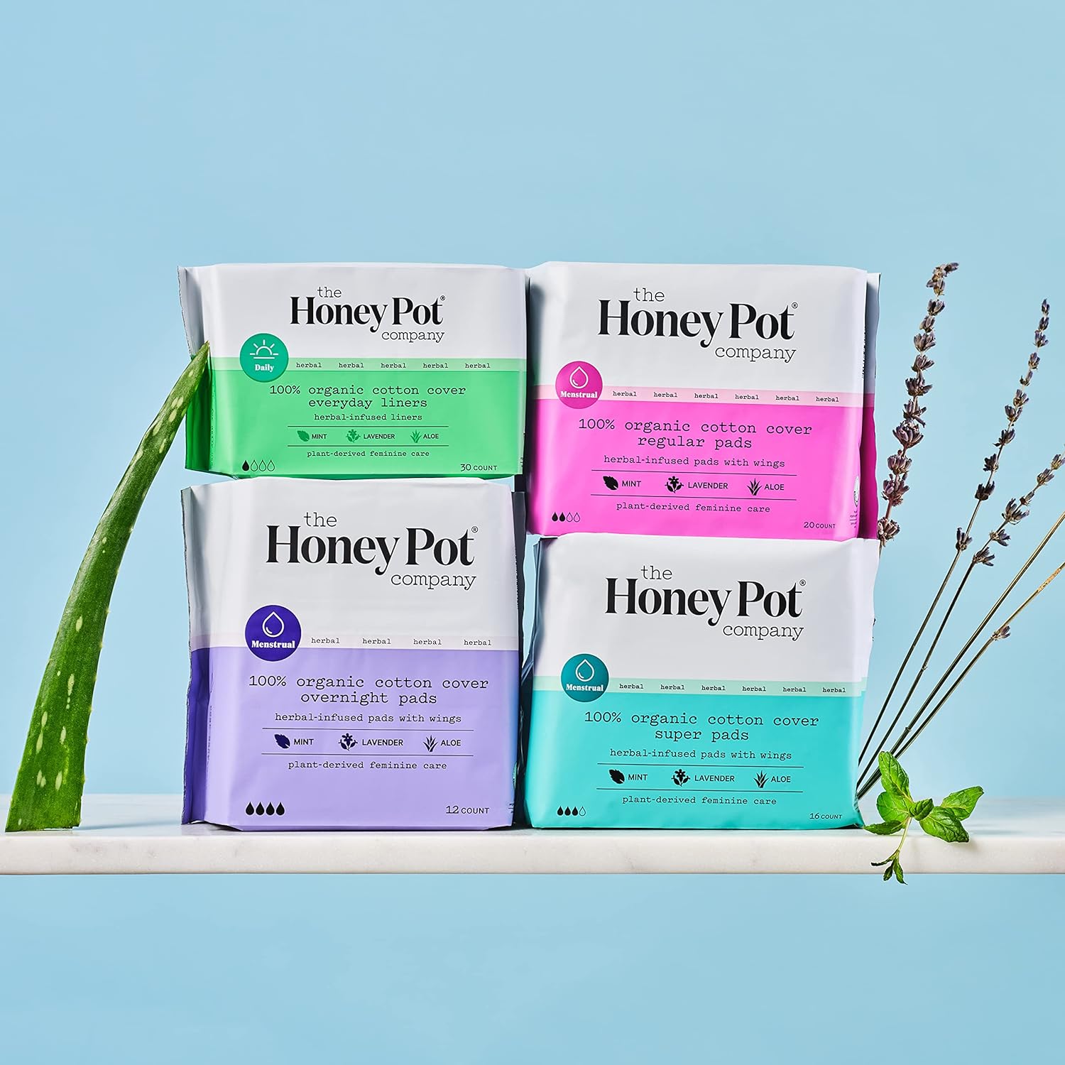 The Honey Pot Company - Herbal Super Pads w/Wings - Organic Pads for Women - Infused w/Essential Oils for Cooling Effect - Feminine Care- 16 ct : Health & Household