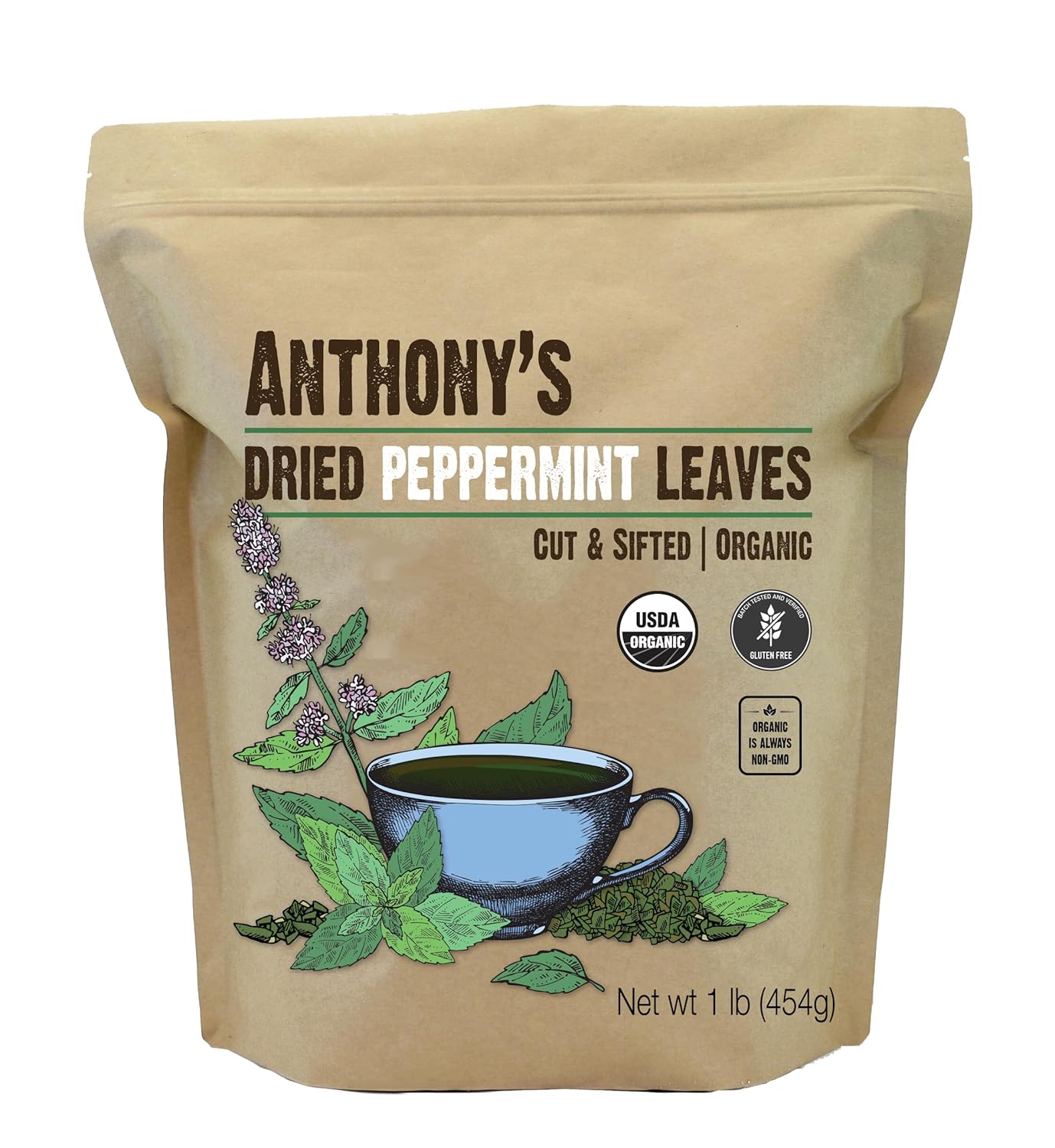 Anthony'S Organic Peppermint Leaves, 1 Lb, Gluten Free, Non Gmo, Cut & Sifted, Non Irradiated, Keto Friendly