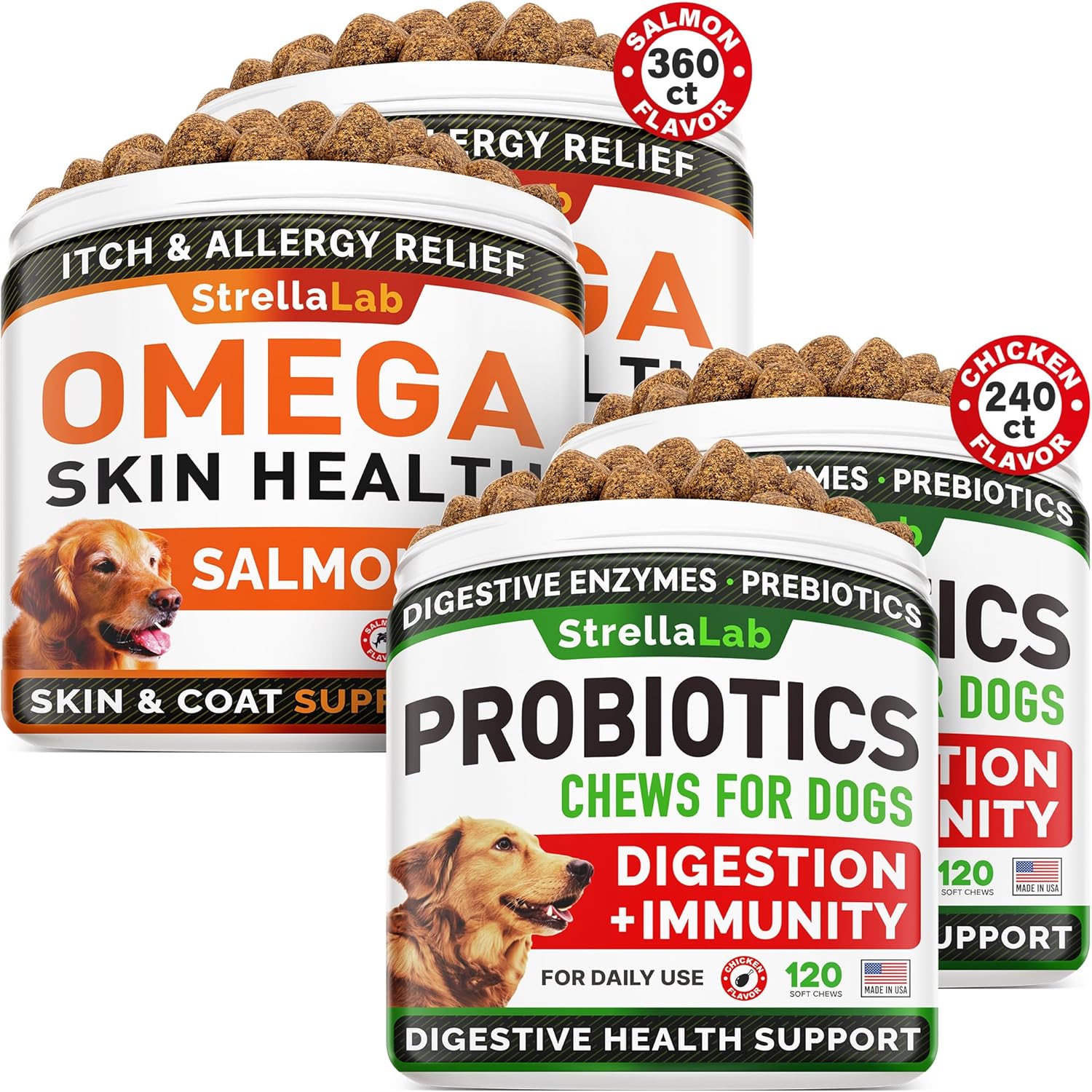 Omega 3 + Probiotics Dogs Bundle - Allergy&Itch + Improve Digestion & Immunity - Omega3 + Digestive Enzymes - Prebiotics - Itchy Skin + Constipation, Upset Stomach&Gas Relief - 600 Chews - Made In Usa