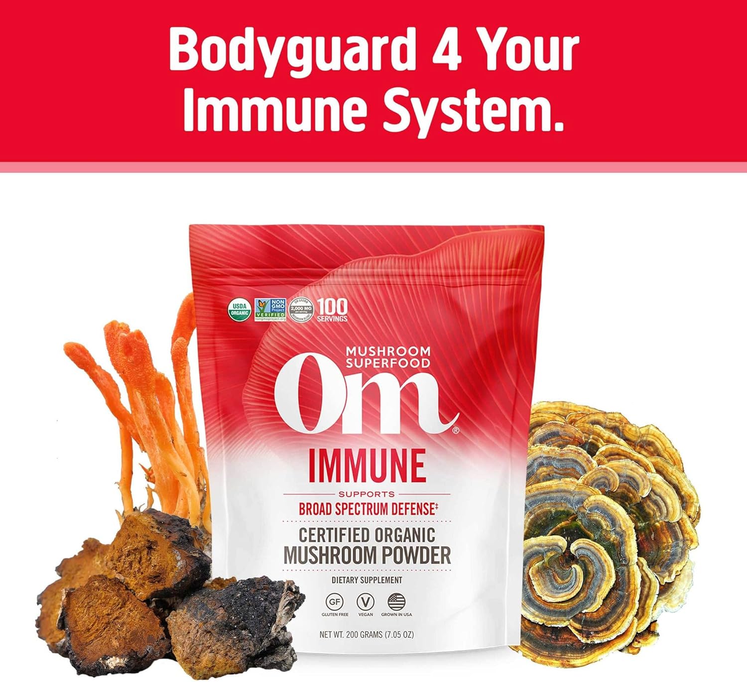 Om Mushroom Superfood Immune Blend Mushroom Powder Superfood Supplement, 7.05  Pouch, 100 Servings, Mushroom Blend, Reishi & Turkey Tail; Daily Immune Support Supplement