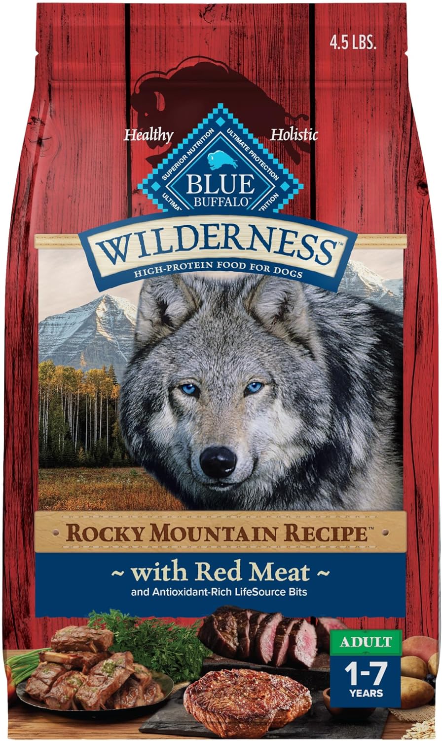 Blue Buffalo Wilderness Rocky Mountain Recipe High-Protein Adult Dry Dog Food, Made In The Usa With Natural Ingredients Plus Wholesome Grains, Red Meat, 4.5-Lb. Bag