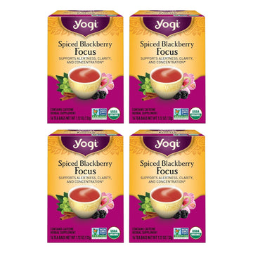 Yogi Tea Spiced Blackberry Focus Tea - 16 Tea Bags Per Pack (4 Packs) - Organic Blackberry Tea For Focus With Caffeine - Includes Black Tea Leaf, Hibiscus Flower, Cinnamon Bark & More