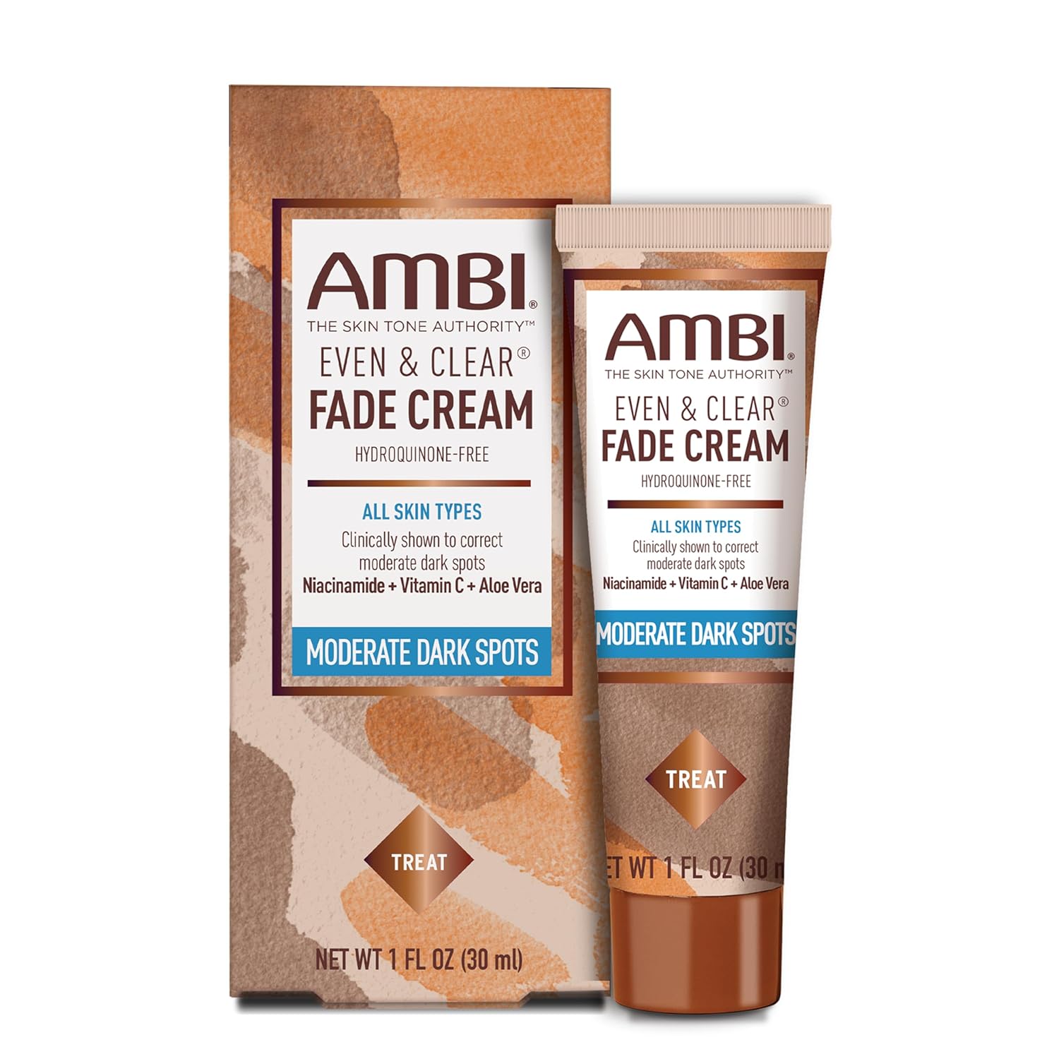 Ambi Even & Clear Fade Cream, Hydroquinone-Free, Hyperpigmentation Treatment, Dark Spot Corrector, Results In As Little As 4 Weeks, Niacinamide, Aloe Vera, Vitamin C, 1 Fl Oz