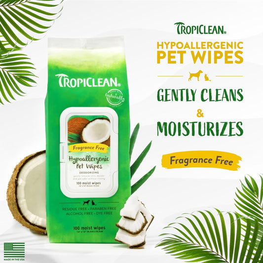 TropiClean Dog Wipes Grooming - Hypoallergenic Cleaning & Deoderising Wipes for Dogs, Cats, Puppies & Kittens with Allergies & Sensitive Skin - Removes Dirt, Dander & Odor, Fragrance Free, 100ct?TRHAWP100CT