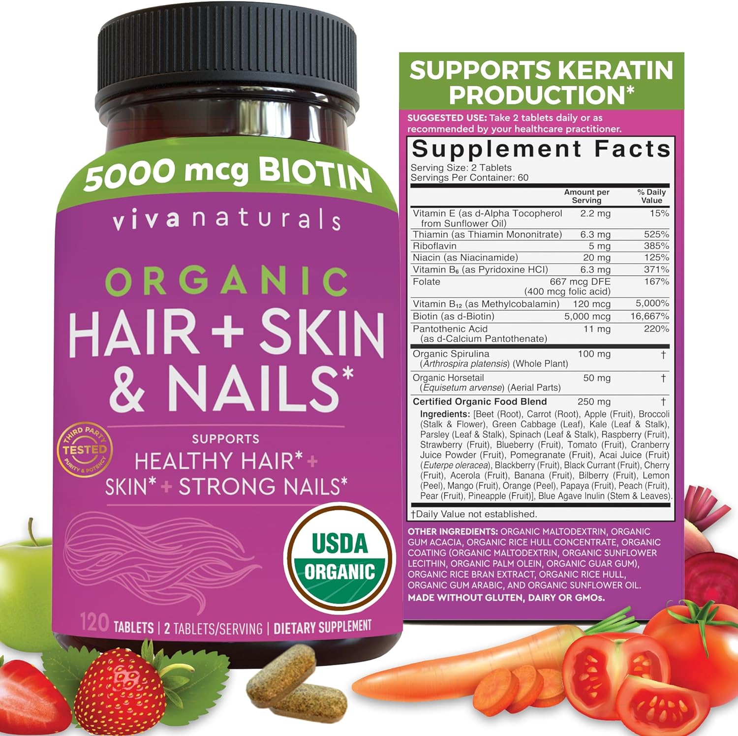 Organic Biotin Vitamins For Hair Skin And Nails Health Support - Vegetarian-Friendly Hair Skin Nails Vitamins For Women With Vitamin E & Biotin 5000Mcg To Help Produce Keratin - 120 Biotin Supplement