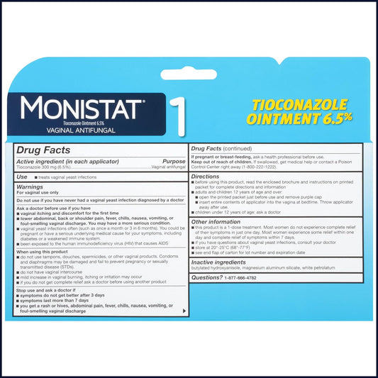 Monistat 1 Day Yeast Infection Treatment For Women, 1 Prefilled Tioconazole Ointment Applicator, 1 Pack