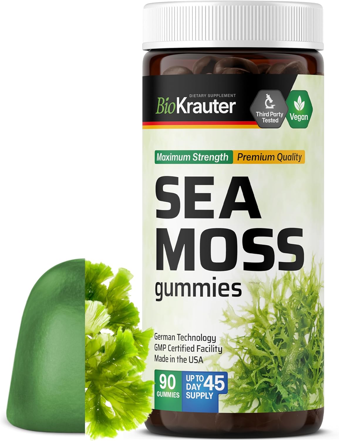 Bio Krauter Irish Sea Moss Gummies For Women And Men - 2840 Mg Strength - 90 Vegan Chews - Bladderwrack & Burdock Root Supplement - Chondrus Crispus Formula - Seamoss Gummies