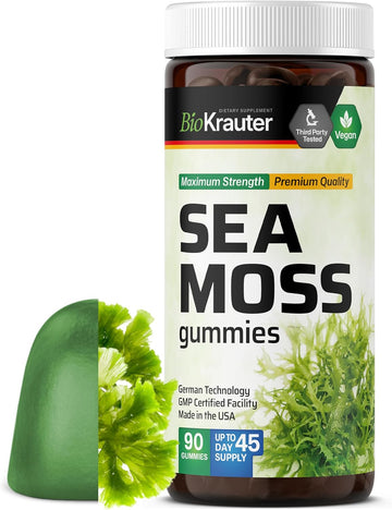 Bio Krauter Irish Sea Moss Gummies For Women And Men - 2840 Mg Strength - 90 Vegan Chews - Bladderwrack & Burdock Root Supplement - Chondrus Crispus Formula - Seamoss Gummies