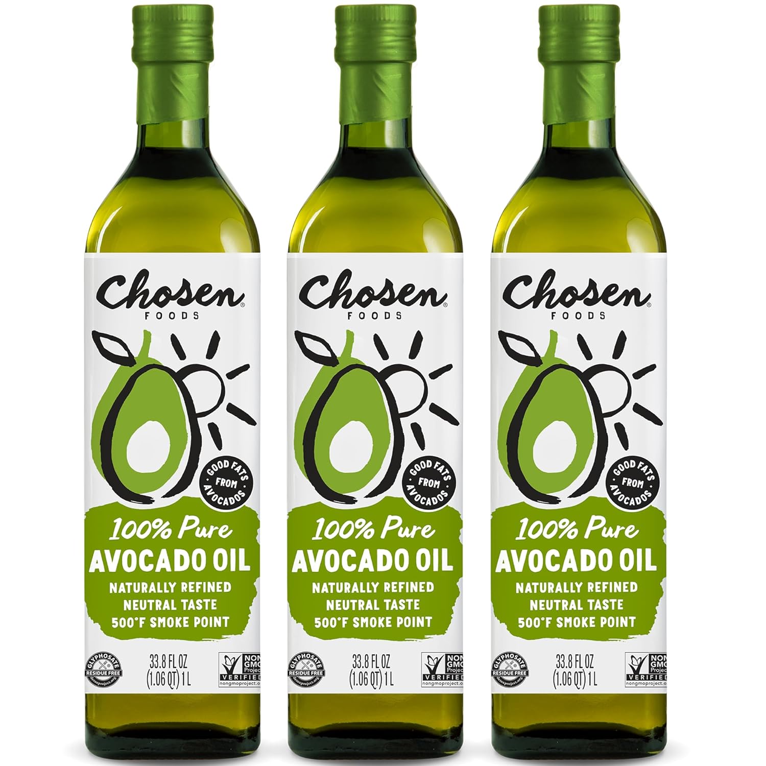 Chosen Foods 100% Pure Avocado Oil, Keto And Paleo Diet Friendly, Kosher Oil For Baking, High-Heat Cooking, Frying, Homemade Sauces, Dressings And Marinades (1 Liter, 3 Pack)