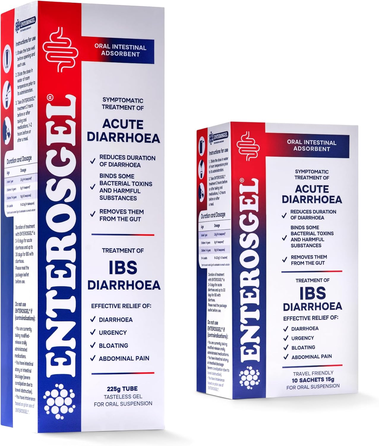 Enterosgel Ibs Relief Gel Starter Kit - Oral Intestinal Adsorbent For Acute Diarrhoea & Stomach Pain Relief, Bloating Relief & Trapped Wind Relief - 1 Tube Of 225 G + 10X15 G Sachets
