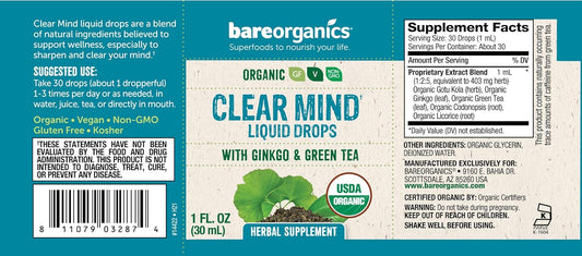 BareOrganics Clear Mind Liquid Drops, Herbal Supplement, Organic Drops, 1 Ounce