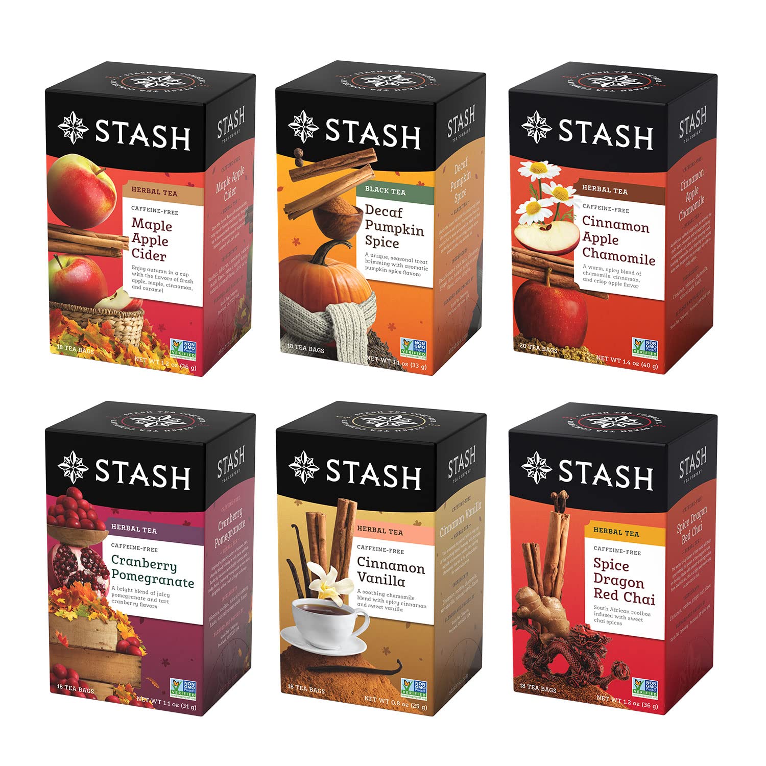 Stash Tea Fall For Autumn 6 Flavor Tea Sampler, 6 Boxes With 20 Tea Bags Each (120 Tea Bags Total)