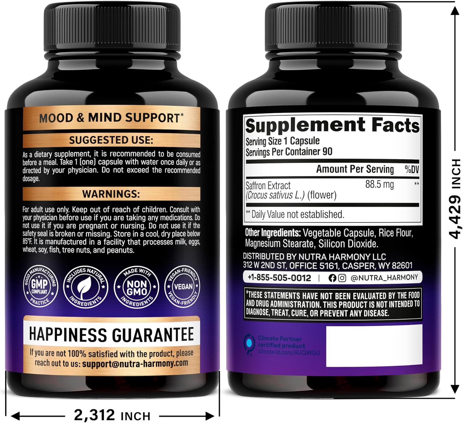 Natural Saffron Supplements - Pure Saffron Extract 88.5 Mg - Made In Usa - Mood | Focus | Vision | Energy Support - Eye Health For Women & Men - Nongmo Vegan Pills - 180 Powder Capsules