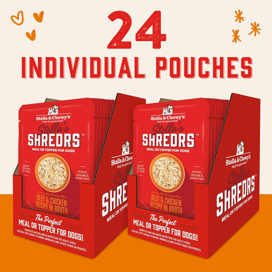 Stella & Chewy'S Stella’S Shredrs Grass Fed & Cage Free Beef & Chicken Recipe In Broth, 2.8 Oz. Pouches (Pack Of 24)