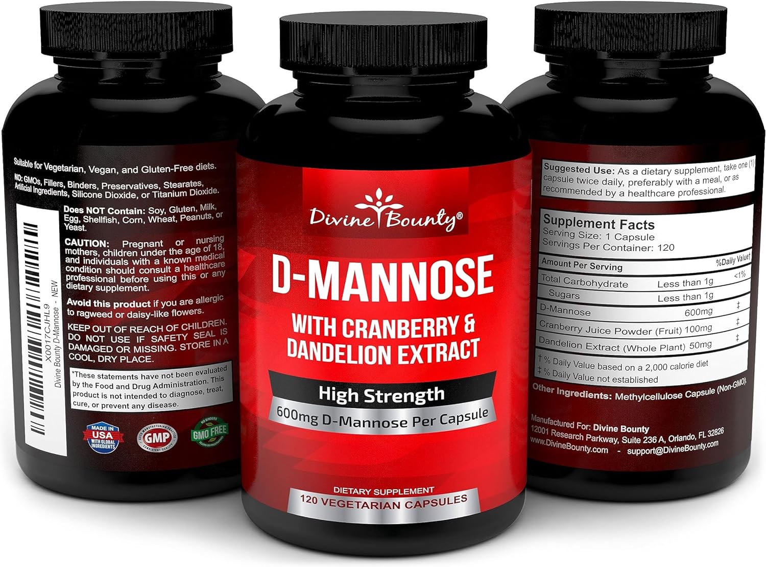 Divine Bounty D-Mannose Capsules - 600mg D Mannose Powder per Capsule with Cranberry and Dandelion Extract to Support Normal Urinary Tract Health - 120 Veggie Capsules : Health & Household