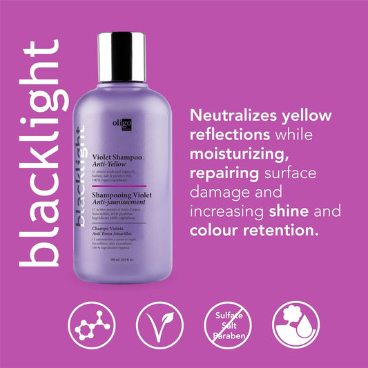 OLIGO PROFESSIONNEL - Blacklight Violet Shampoo - Sulfate-Free Purple Shampoo - Eliminates Yellow Tones - Refreshes Faded Highlights - Argan oil - 11 Amino Acids and Moisturizing Formula - 8.5oz