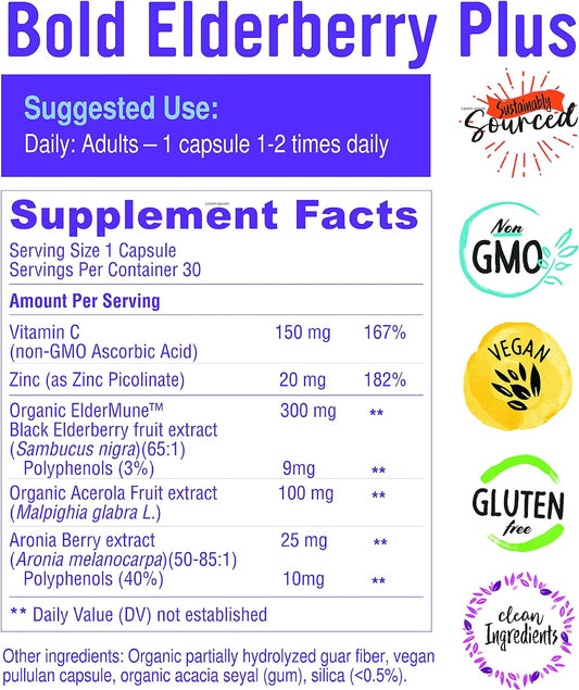 Bold Botanica Elderberry Plus - 65x Concentrated Black Elderberry Extract with Zinc & Vitamin C for Daily Immune Support & Seasonal Wellness - Non-GMO, 30 Vegan Capsules