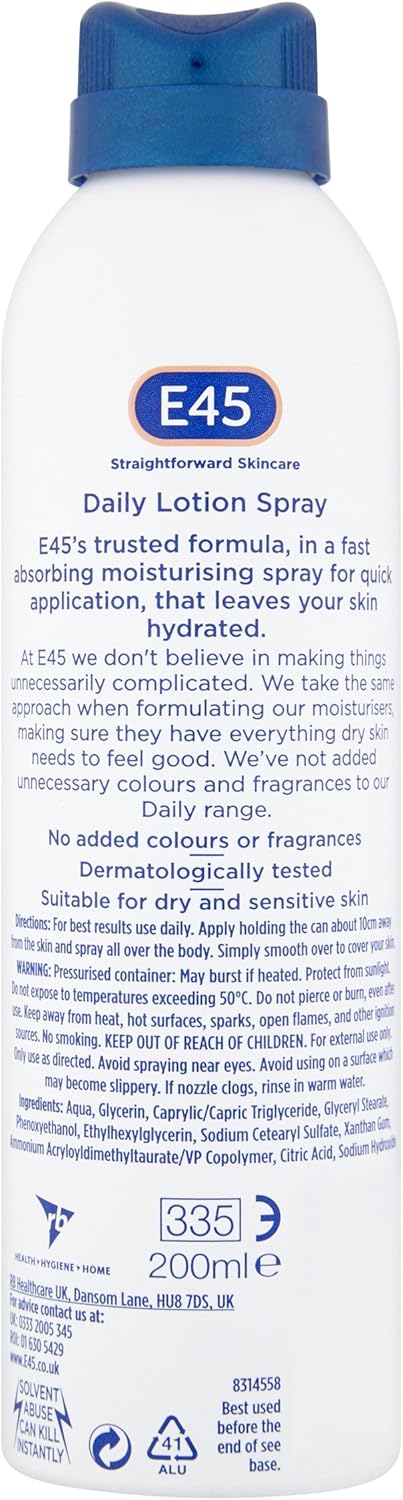 E45 Spray Moisturiser 200 Ml - Daily Lotion Moisturiser Spray For Dry Sensitive Skin - Fast Absorbing Body Lotion Spray Moisturiser For Soft Skin And Lasting Hydration – Suitable For Eczema Prone Skin