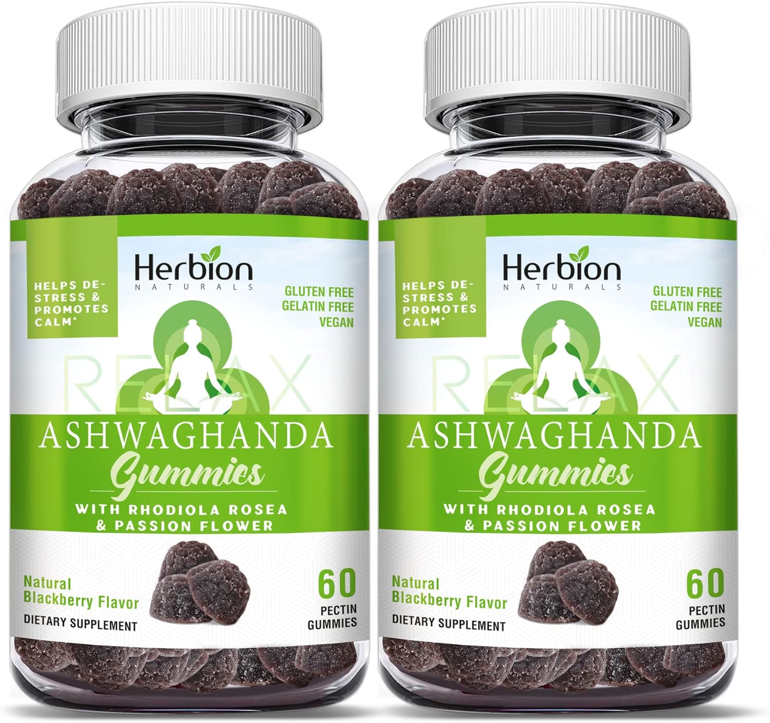 Herbion Naturals Ashwagandha Gummies With Herbal Blend, Helps De-Stress & Promote Calm*, Natural Blackberry Flavor, Gluten-Free, 60 Pectin Gummies, Vegan, Made In Usa, Pack Of 2