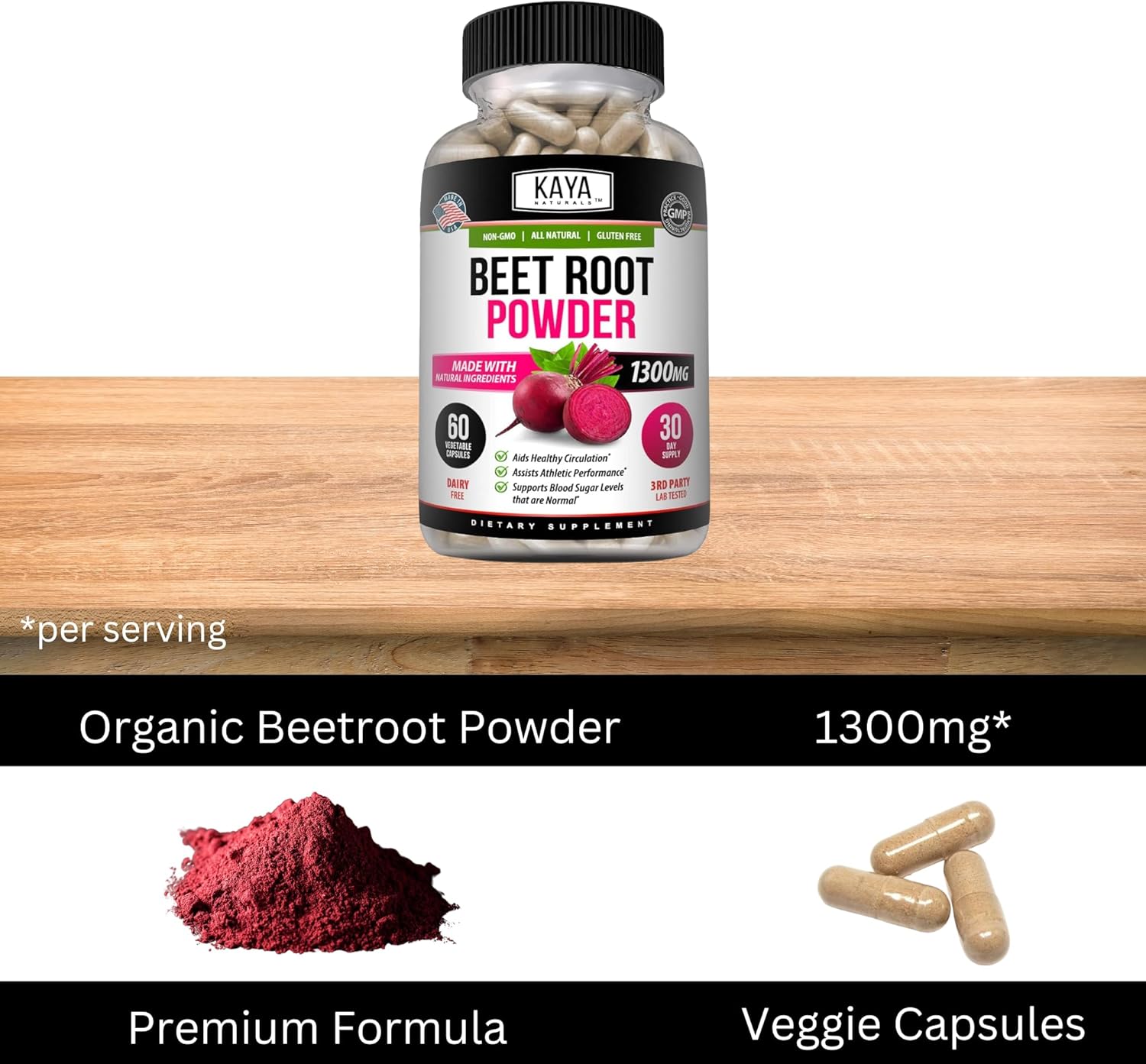 Kaya Naturals Premium Organic Beet Root Powder | Beet Root Extract, Athletic Performance Aids Healthy Circulation & Nitric Oxide Booster, Non-GMO & Gluten-Free, 1300mg Per Serving - 60 Veggie Capsules : Health & Household