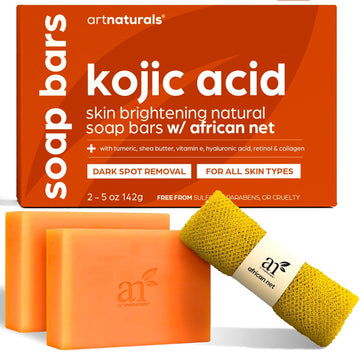 Artnaturals Kojic Acid Soap + African Net Sponge (2 Pack X 142G Turmeric Bars) Dark Spot Remover & Scars - Original Japanese Complex Vitamin C, Hyaluronic Acid, Retinol, Shea Butter (Citrus)