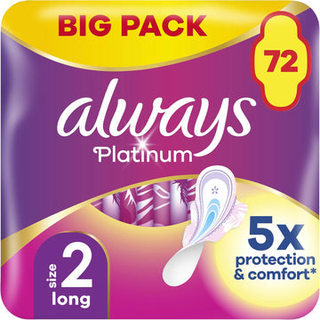 Always Platinum Long (Size 2) Sanitary Towels With Wings 18 Pads X 4