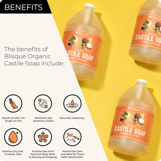 Blisque Organic Castile Soap | Unscented | Pure All Natural Moisturizing Mild Liquid Soap | Biodegradable And Eco-Friendly | With Olive And Coconut Oil | Hypoallergenic For Sensitive Skin | 1 Gallon