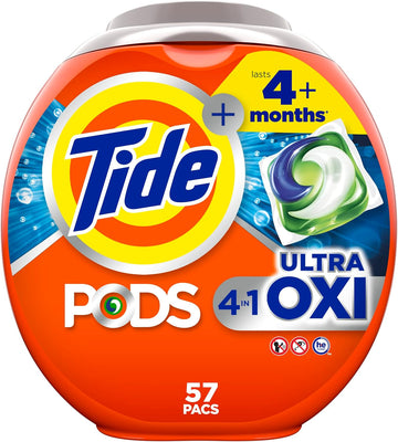 Tide Pods Liquid Laundry Detergent Soap Pacs, 4-N-1 Ultra Oxi, He Compatible, Built In Pre-Treater For Stains, 57 Count