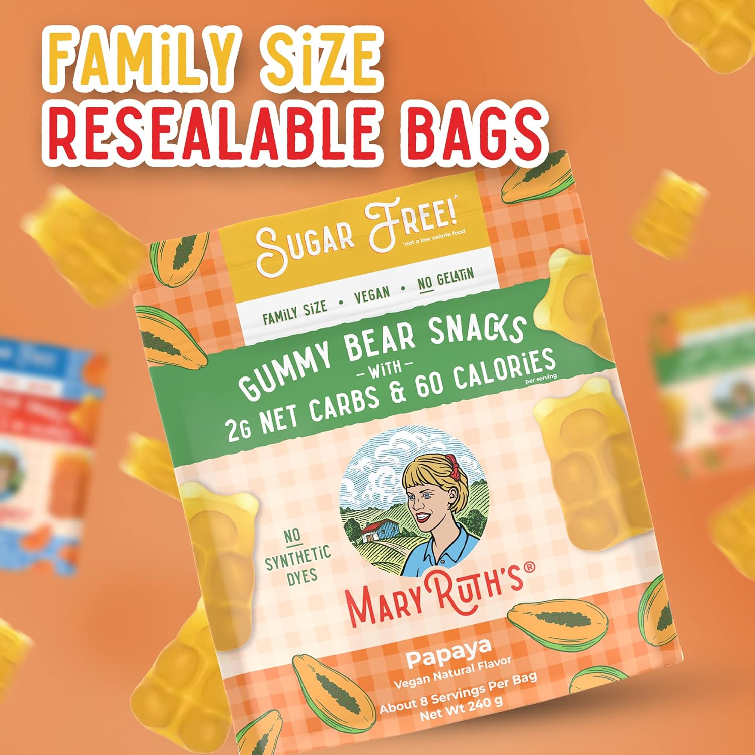MaryRuth Organics Sugar Free Gummy Bears Snacks | Delicious Gummies Made with Organic Ingredients | Natural Papaya Fruit Flavor Gummy Candy | Vegan | Gluten Free | Non-GMO | 240g Family Size