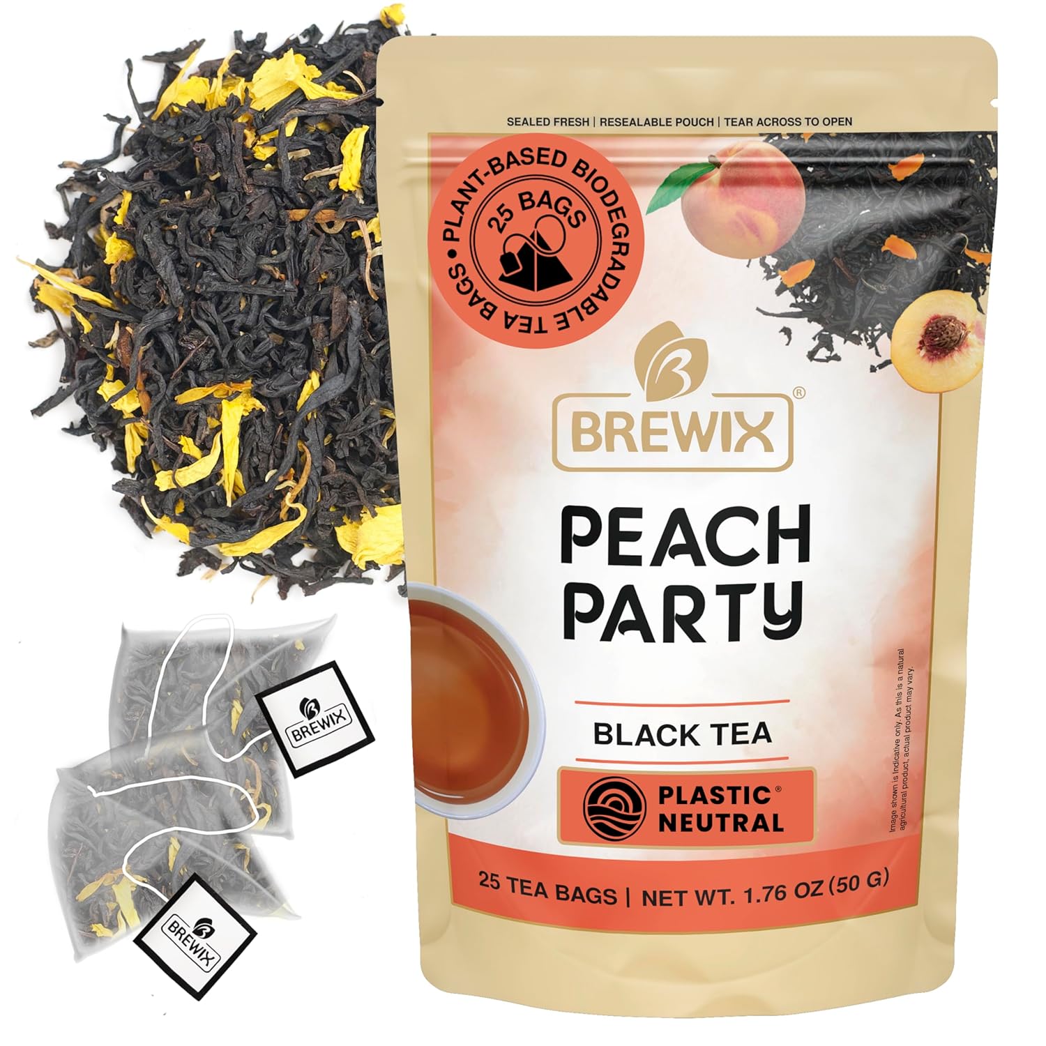 Brewix Peach Party - Premium Black Tea With Peach, Floral & Refreshing Iced Tea Bags (25 Pyramid Tea Bags) - Caffeinated, Sugar-Free