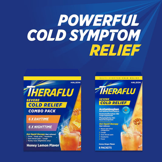 Theraflu Severe Cold Relief Hot Liquid Powder Combo: 12ct Daytime/Nighttime Honey Lemon Flavor + 6ct Daytime Honey Ginger Flavor