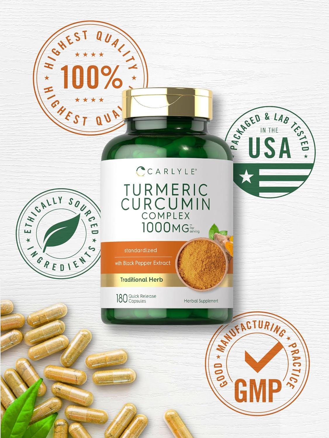 Carlyle Turmeric Curcumin with Black Pepper 1000mg | 180 Capsules | Turmeric Complex Supplement | Non-GMO, Gluten Free : Health & Household