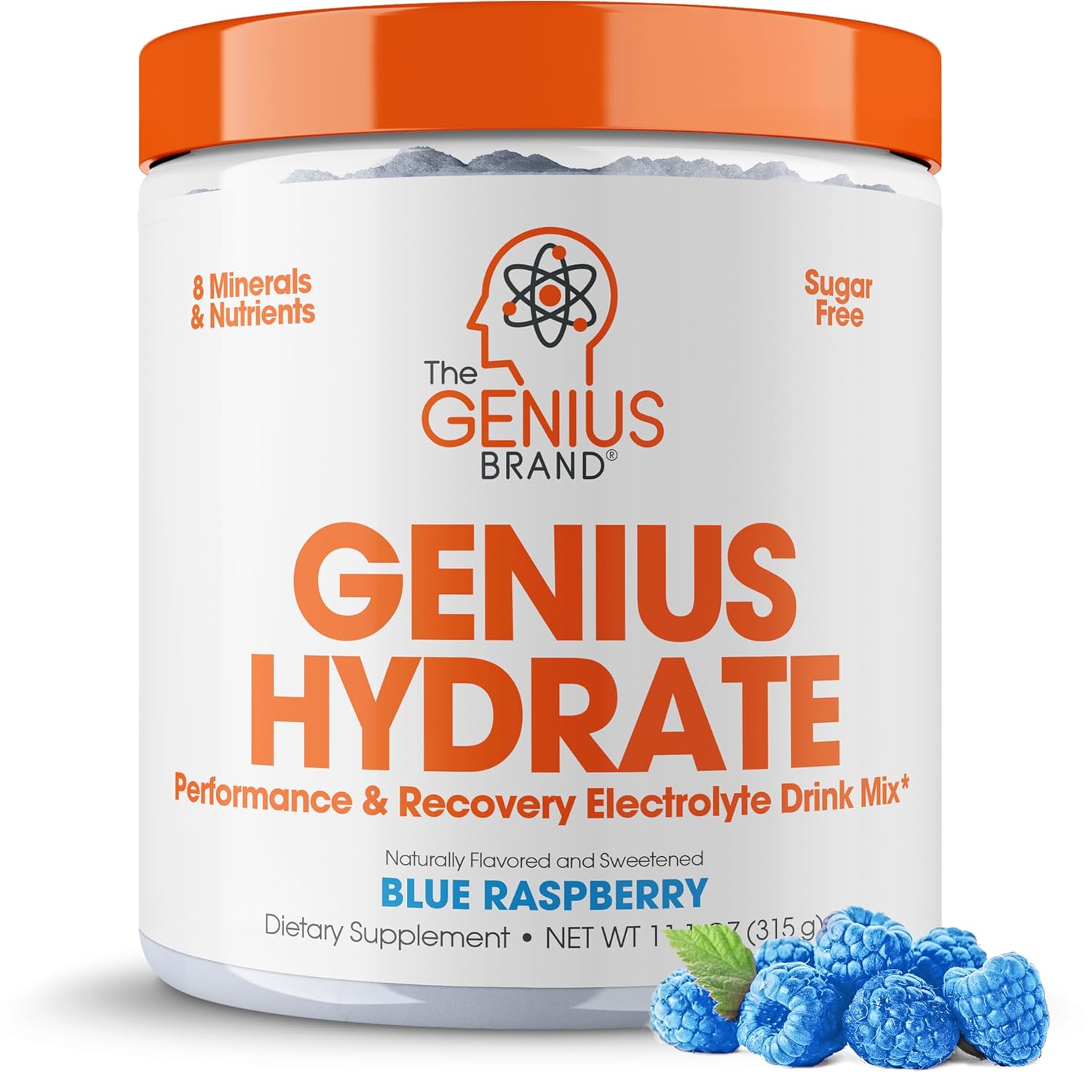 Genius Hydrate Powder Drink Mix Blue Raspberry 50 Servings - Natural Electrolyte Hydration Booster Endurance Supplement With Coconut Water Potassium Magnesium Zinc Sugar Free No Artificial Sweeteners