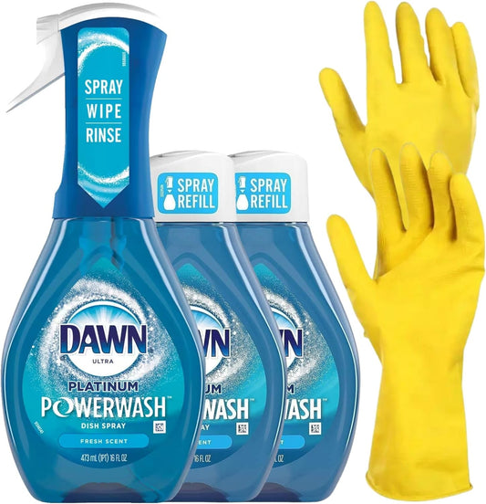 Dawn Platinum Powerwash Dish Spray Set. Includes One-16 Oz of Dawn Ultra Platinum Powerwash Dish Spray Fresh Scent, Two Refill Spray Set, and a Dishwashing Gloves - Easy Spray, Wipe, Rinse Formula!