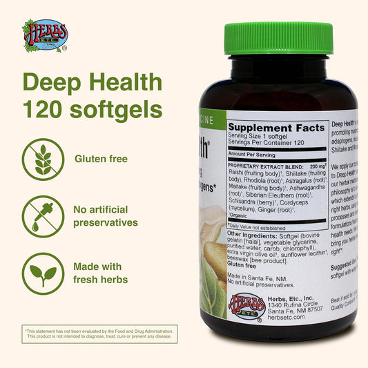 Herbs Etc. Deep Health - Daily Use Adaptogen Supplement - Aids Immune Health & Energy - With Reishi Mushroom - 60 Softgels (60 Servings)
