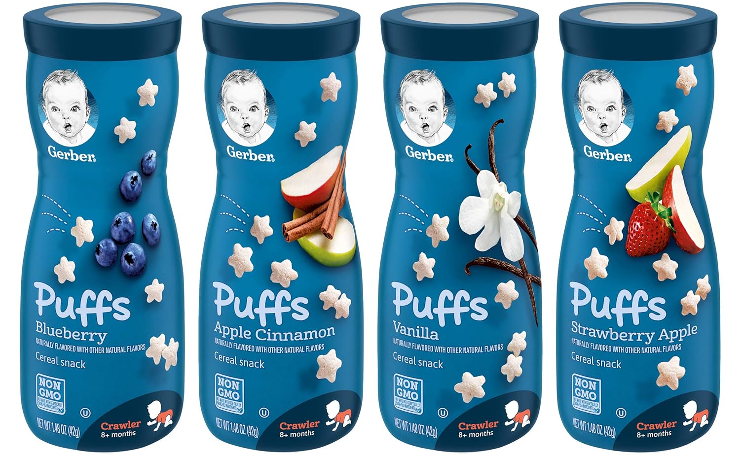 Gerber Puffs Variety Pack, 1 Strawberry Apple, 1 Blueberry, 1 Apple Cinnamon, 1 Vanilla, 4 CT