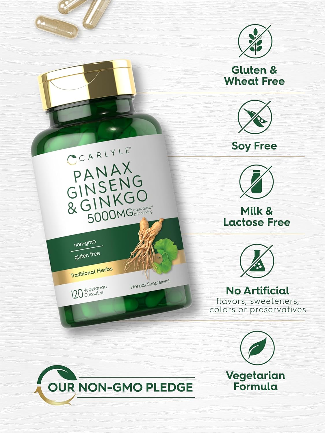 Carlyle Panax Ginseng + Ginkgo Biloba | 120 Vegetarian Capsules | 5,000mg | Vegetarian, Non-GMO, and Gluten Free Supplement : Health & Household